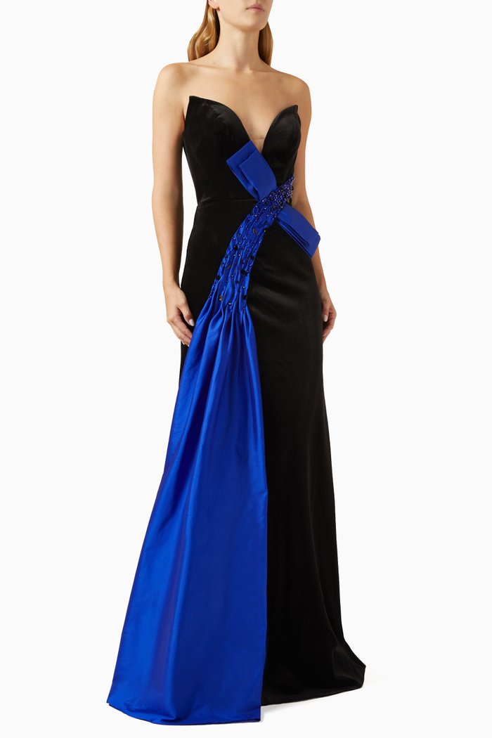 Raquel Strapless Bow Maxi Dress in Velvet, Blue