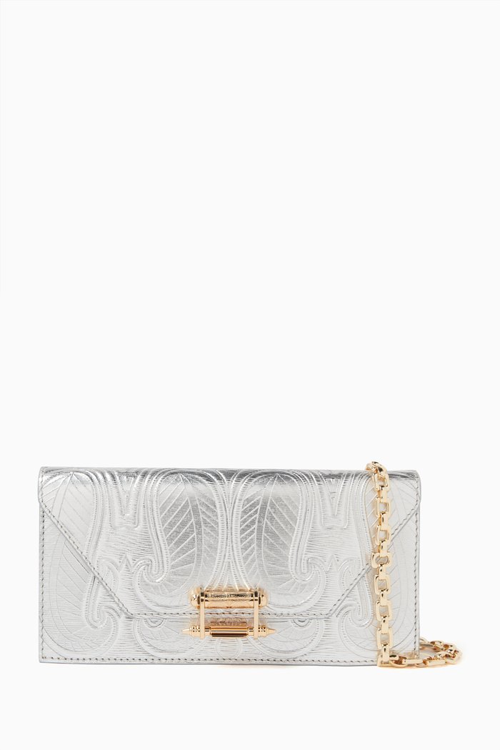 

Embossed Pochette in Metallic Leather, Silver