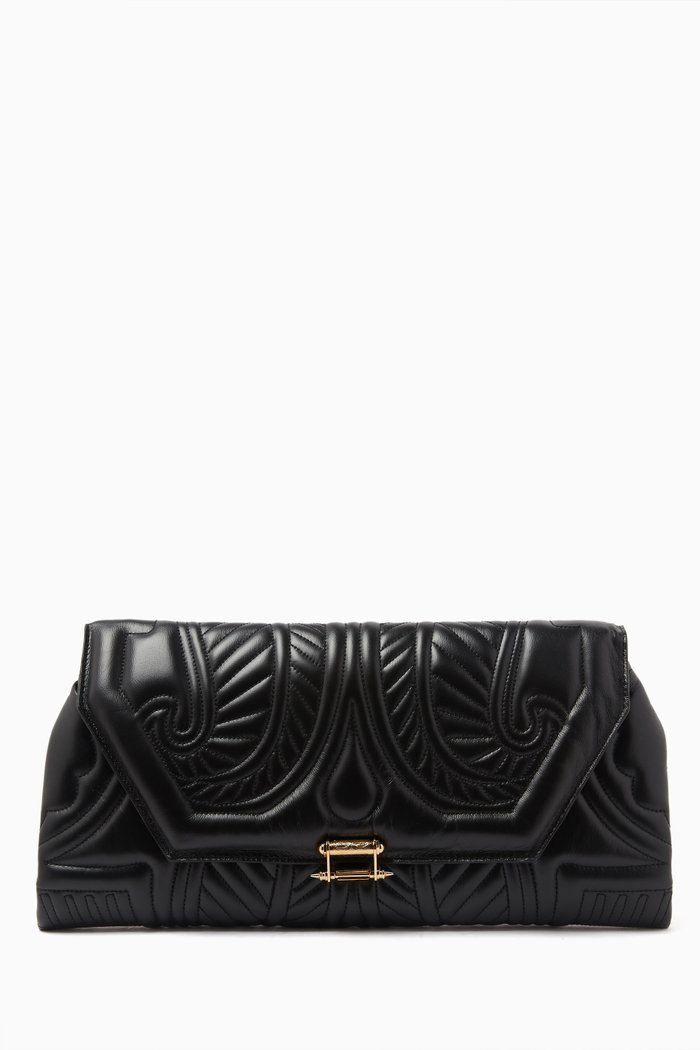 

Lotus Clutch Bag in Leather, Black