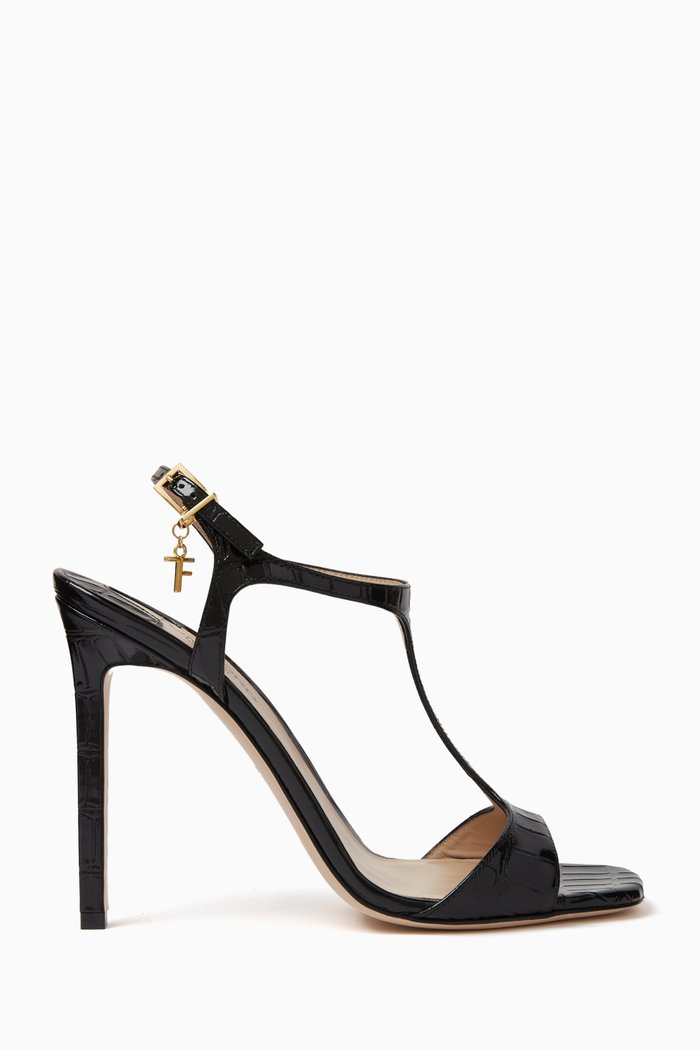 Angelina 105 Sandals in Crocodile-embossed Leather, Black