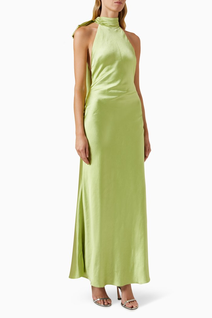 

Evianna Bow Open-back Dress in Satin, Green