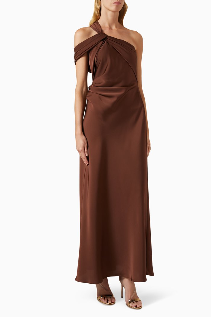 

Abrielle Midi Dress in Satin, Brown