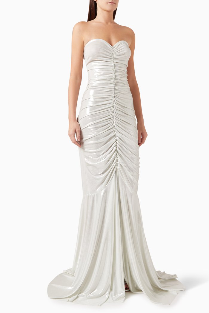 

Strapless Shirred Fishtail Gown, Neutral