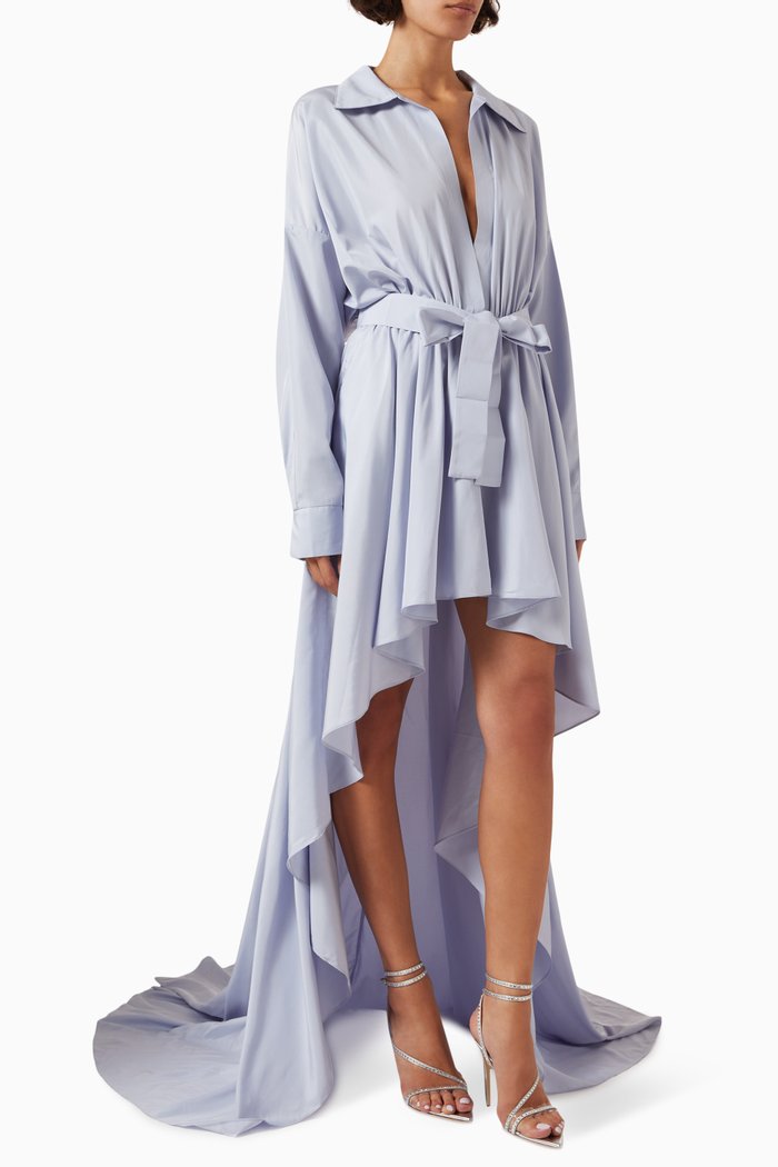 

Hi-low Shirt Flared Gown in Poly-habotai, Blue