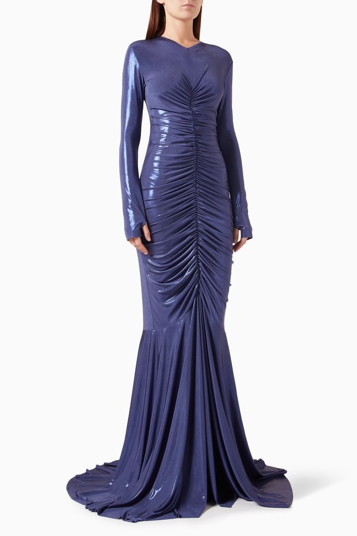Shirred Fishtail Gown, Blue