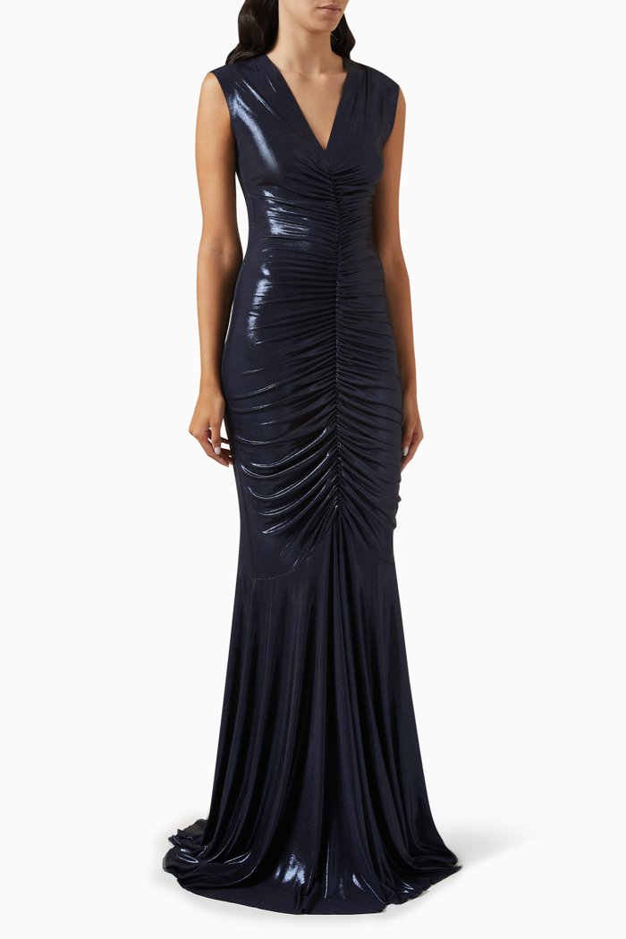 

Deep V-neck Shirred Fishtail Gown in Stretch-lamé, Blue