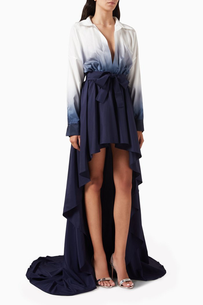 

Hi-low Belted Oversized Shirt Gown, Blue