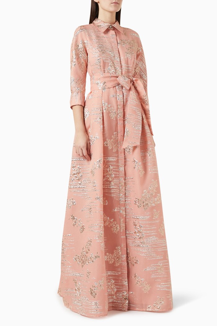 

Belted Shirt Gown in Jacquard Organza, Orange