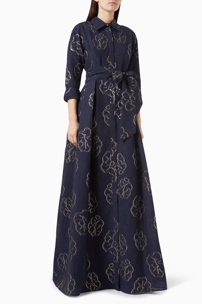

Metallic Flower Shirt Gown in Jacquard, Blue