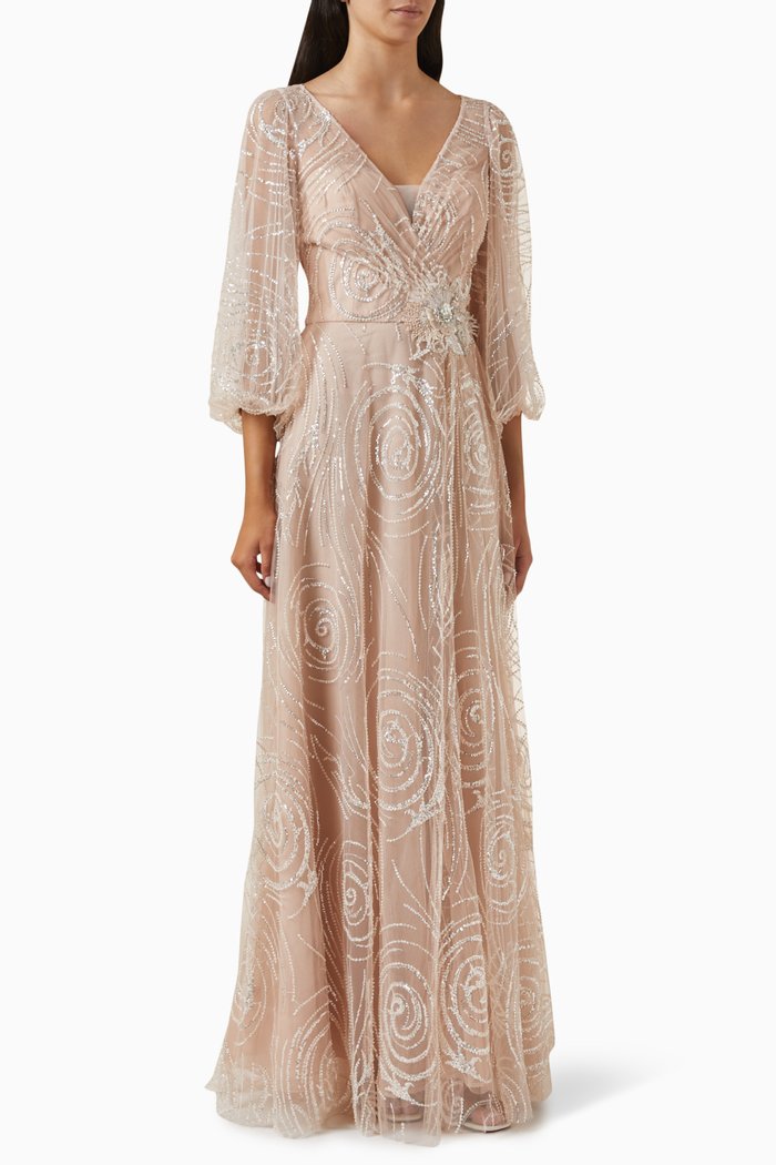 

Beaded V-neck Gown in Tulle, Neutral