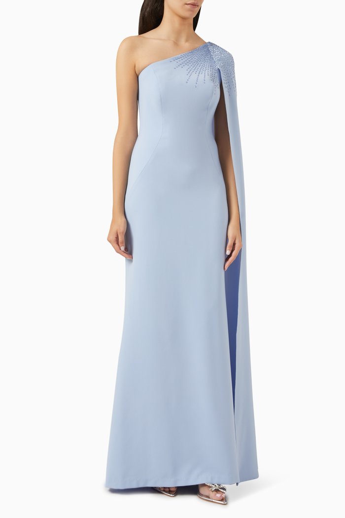 

Beaded Cape Sleeve Gown in Crepe, Blue
