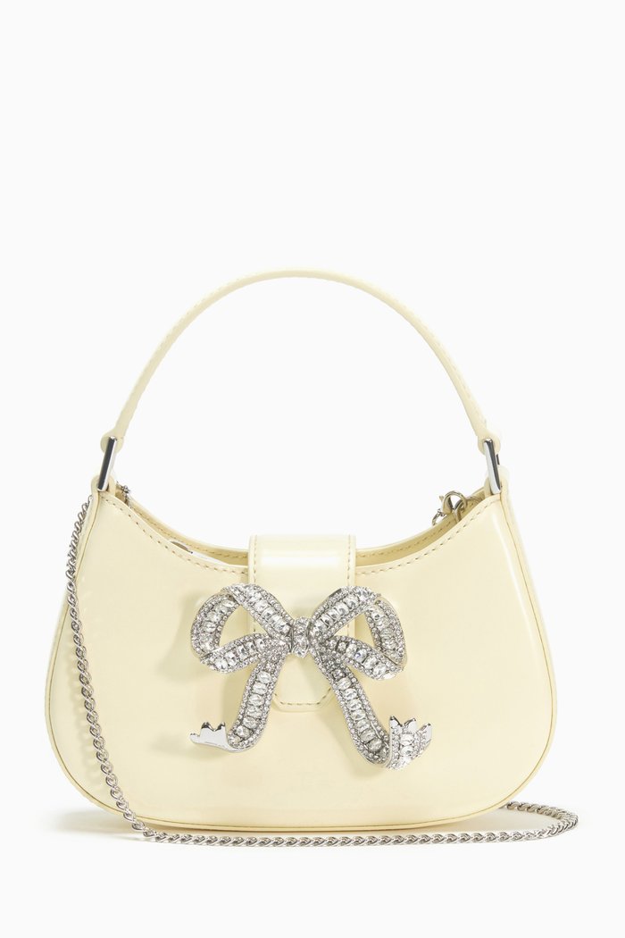

Crescent Diamanté Bow Bag in Leather, Neutral