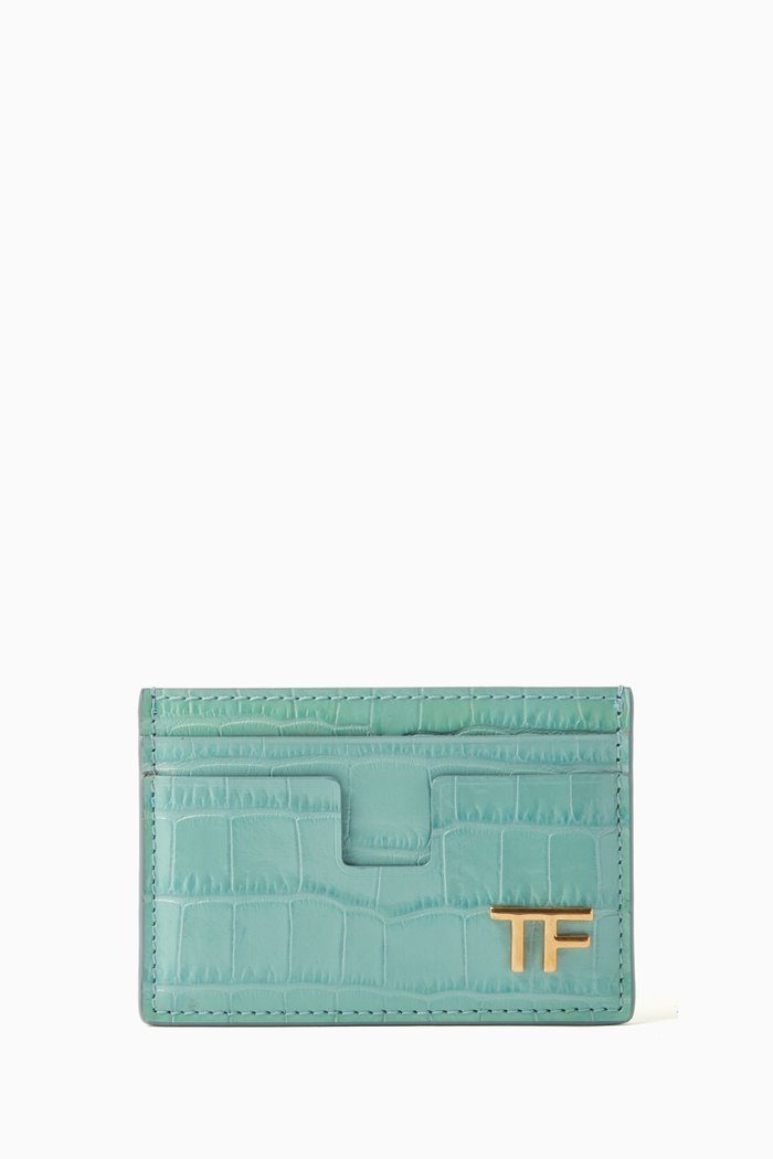 

TF Monogram Card Holder in Crocodile-embossed Leather, Blue