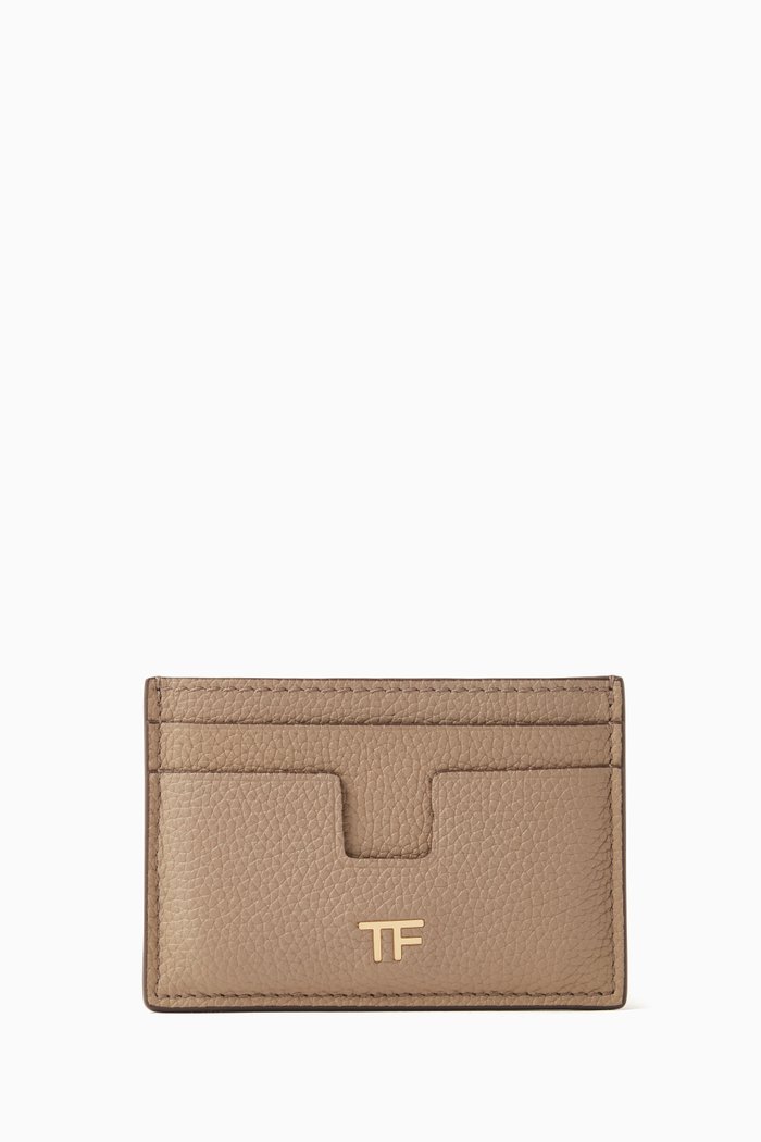 

TF Monogram Card Holder in Grained Leather, Neutral