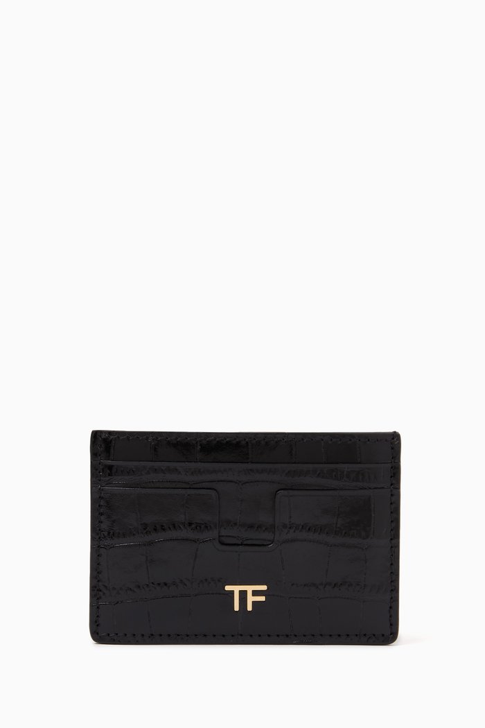 

TF Monogram Card Holder in Crocodile-embossed Leather, Black