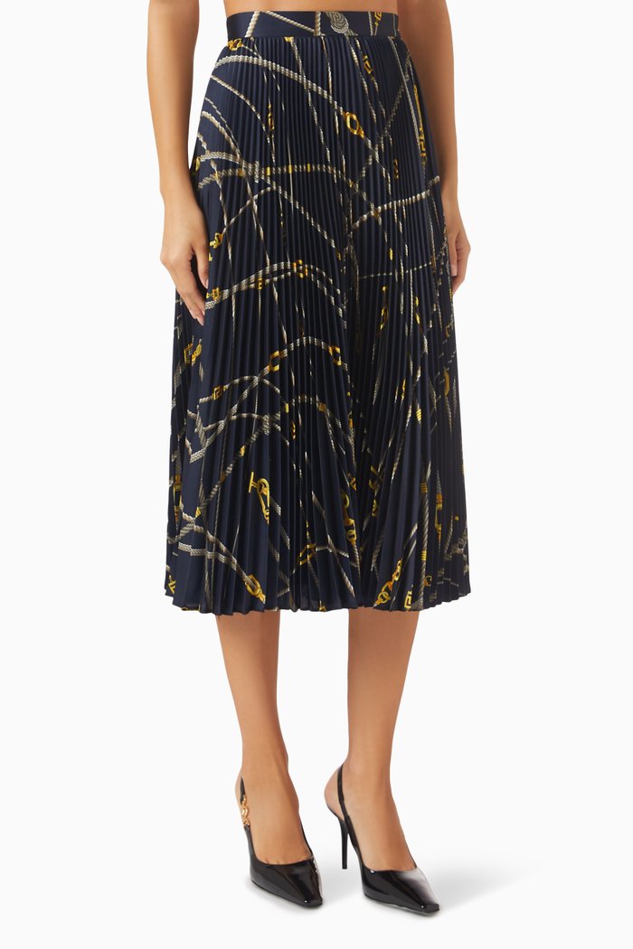 

Greca Nautical Pleated Midi Skirt in Twill, Blue