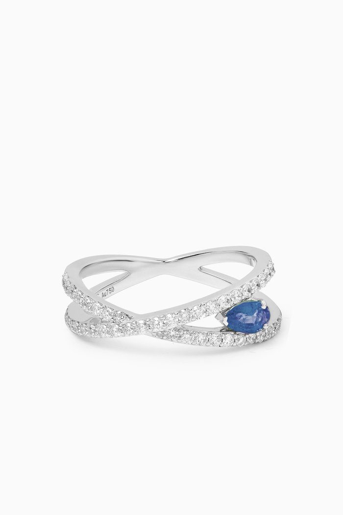 

Crossover Sapphire & Diamond Ring in 18kt White Gold, Blue