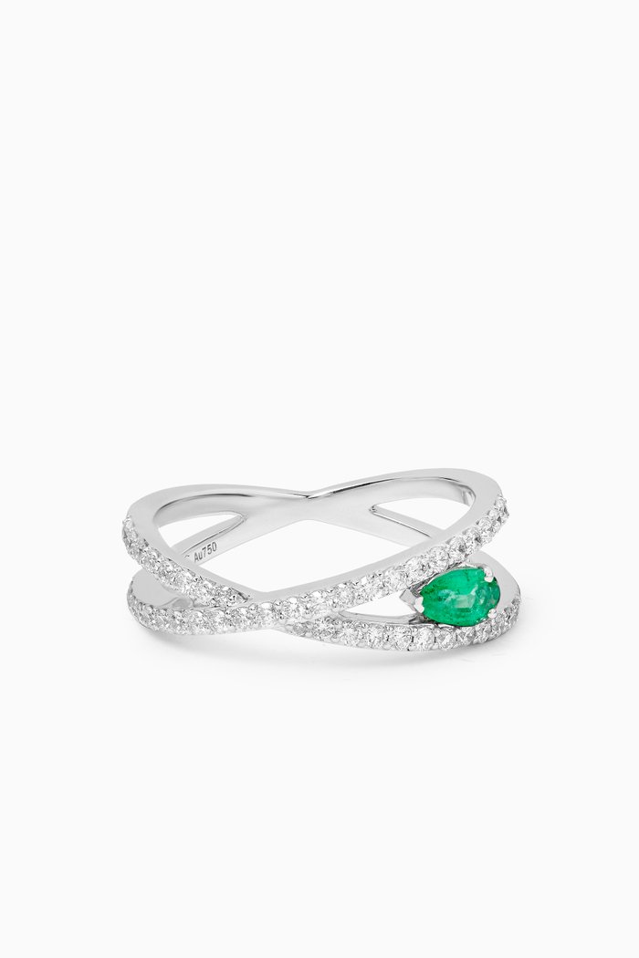 

Crossover Emerald & Diamond Ring in 18kt White Gold, Green