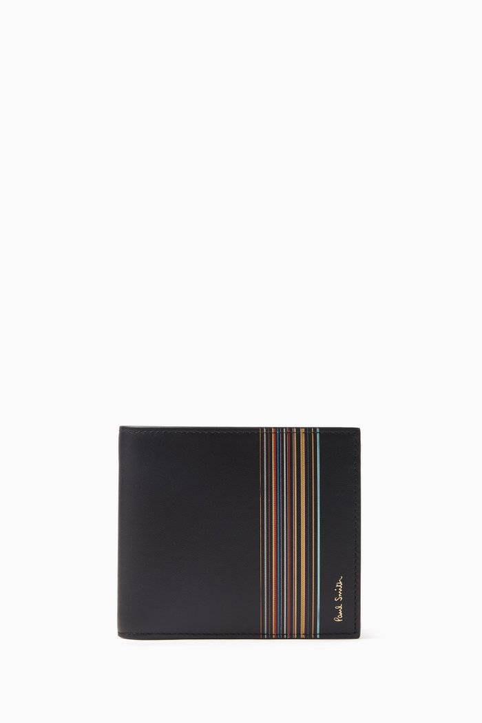 

Signature Stripe Block Billfold Wallet in Calf Leather, Black