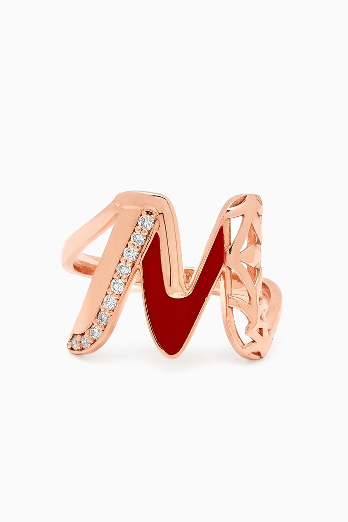 

Retro Diamond & Enamel Letter 'M' Ring in 18kt Rose Gold