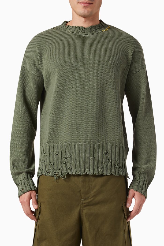 

Distressed Crewneck Sweater in Cotton-knit, Green