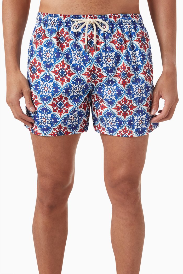 Printed Swim Shorts in Recycled Polyester, Blue