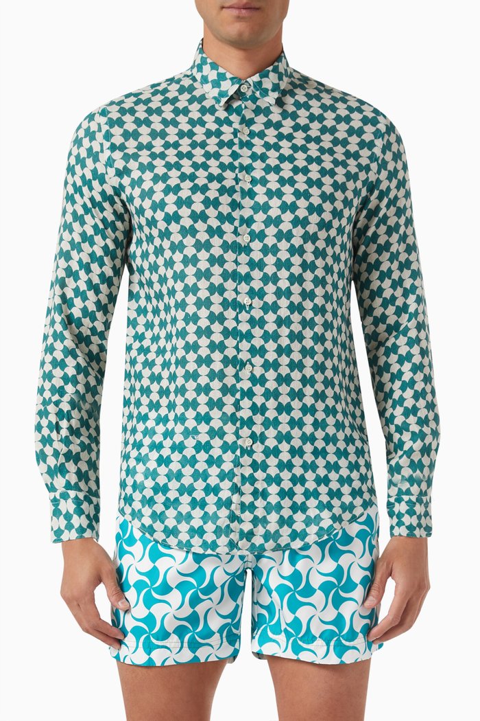 

Printed Button-up Shirt in Linen, Green
