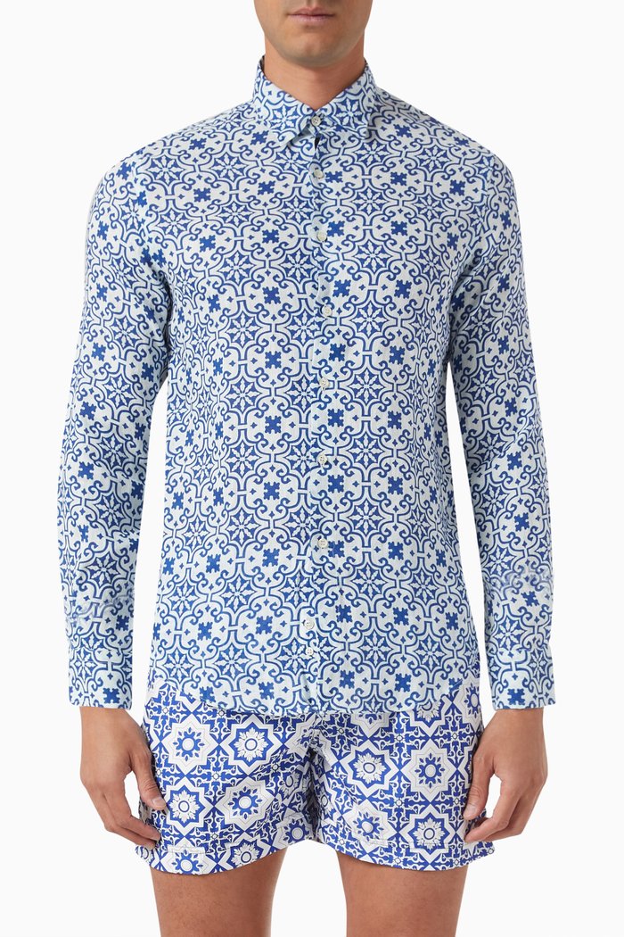 Printed Button-up Shirt in Linen, Blue