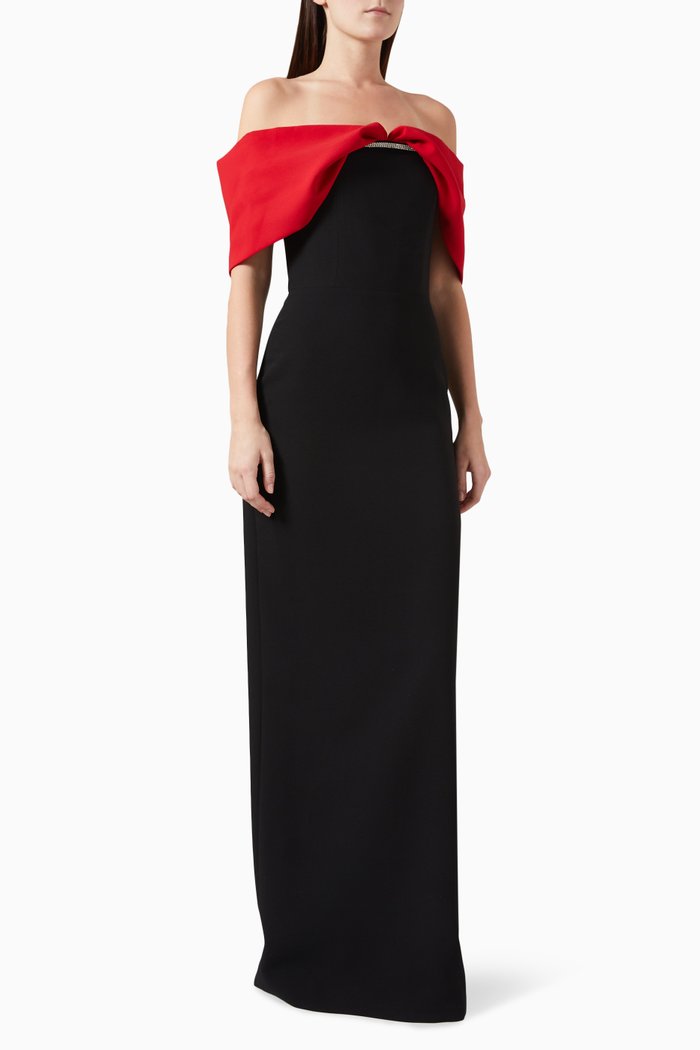Off Shoulder Straight Gown in Crepe, Black