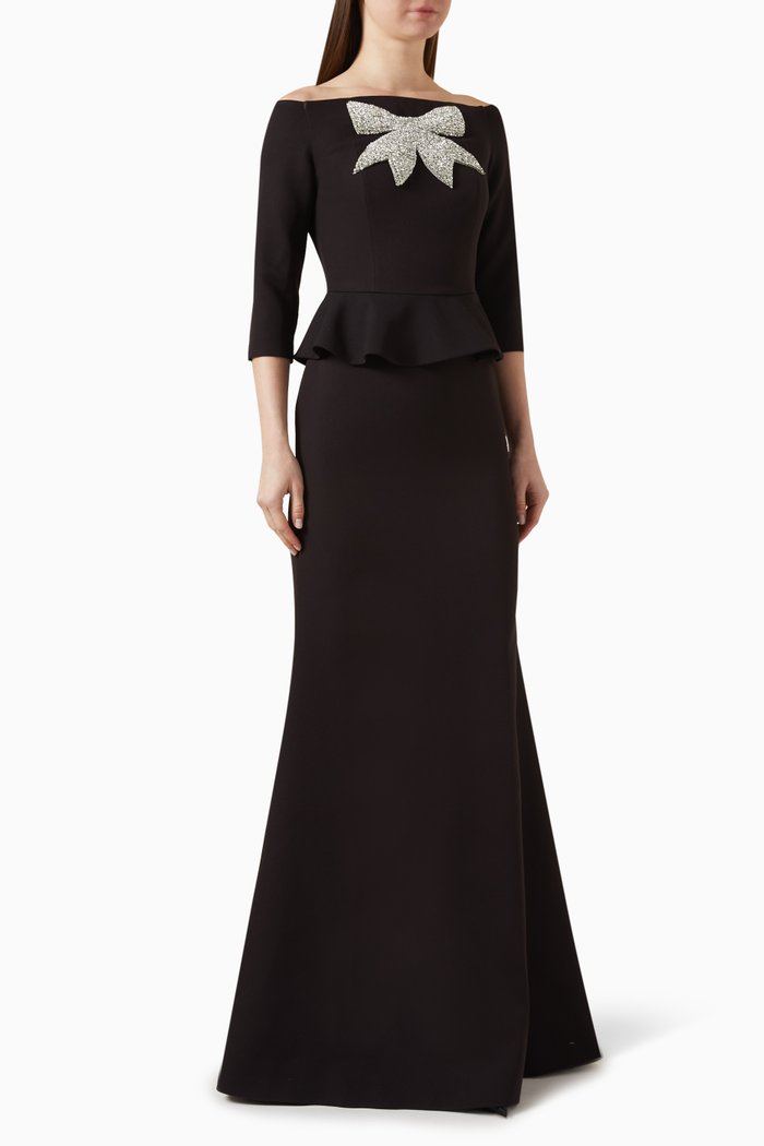 

Off-shoulder Crystal-bow Gown, Black