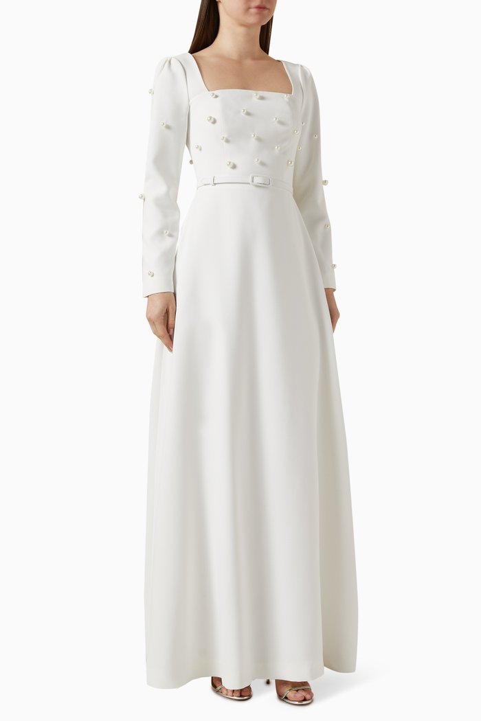 

Square-neck Pearl-embellished Gown, Neutral