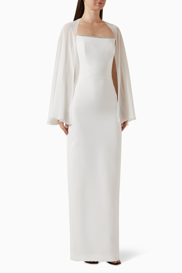

Chiffon Cape-sleeve Embellished Gown, Neutral