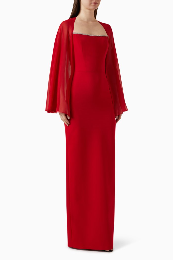 

Chiffon Cape-sleeve Embellished Gown, Red