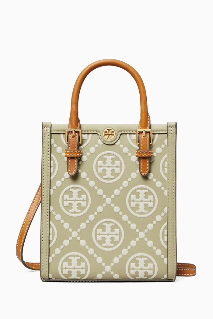 Mini T Monogram Contrast Tote Bag in Leather, Green