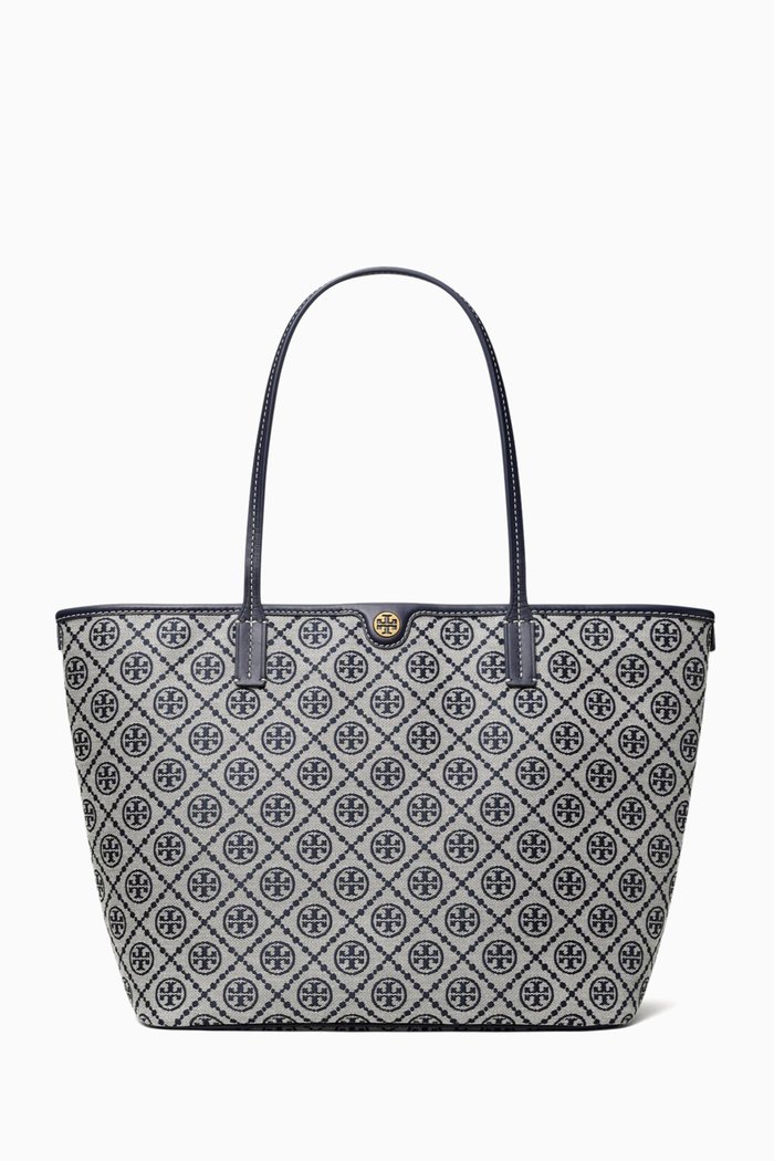 

T Monogram Zip Tote Bag in Woven Jacquard, Blue
