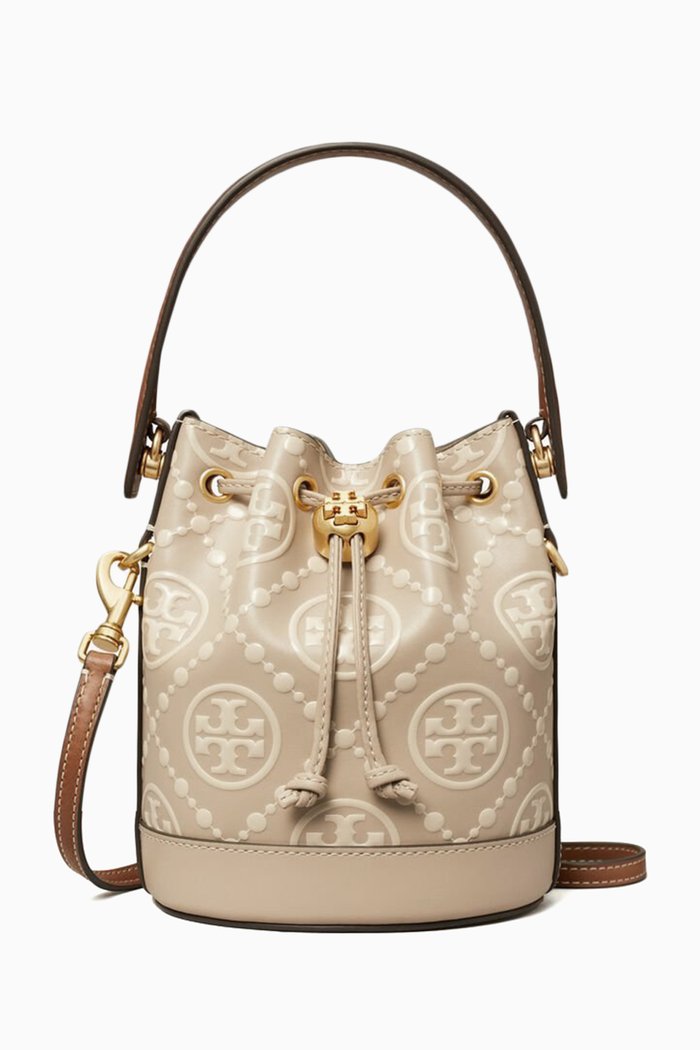 

T Monogram Contrast Bucket Bag in Leather, Grey