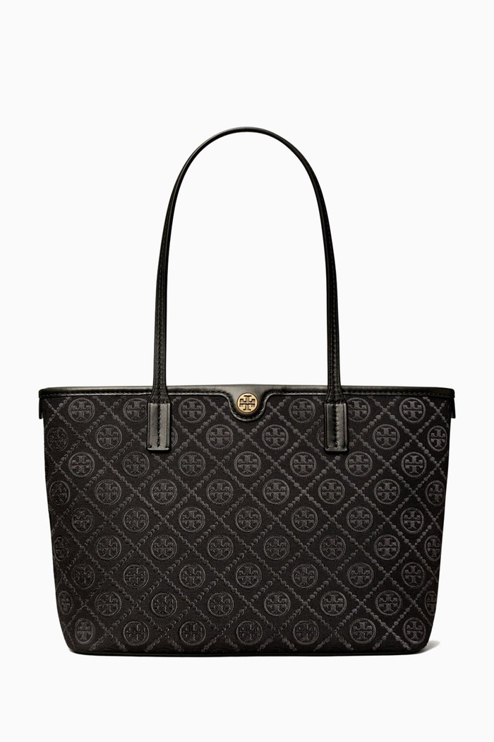 

Small T Monogram Zip Tote Bag in Woven Jacquard, Black