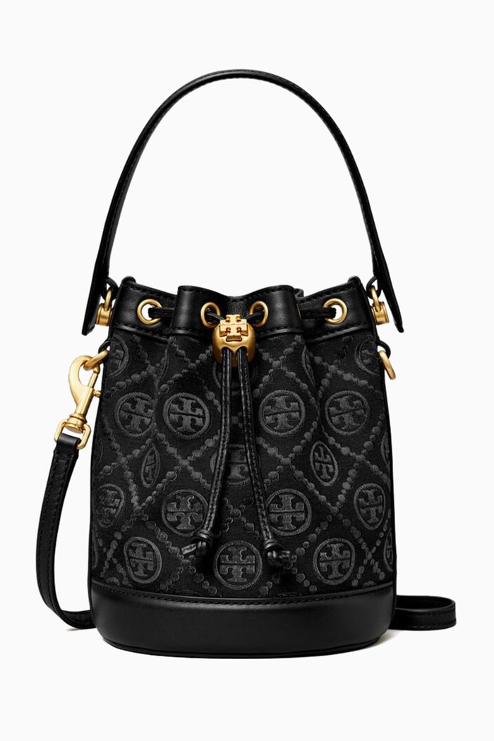 

Mini T Monogram Bucket Bag in Jacquard, Black