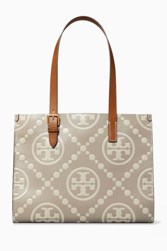 Small T Monogram Contrast Tote Bag in Leather, Multicolour