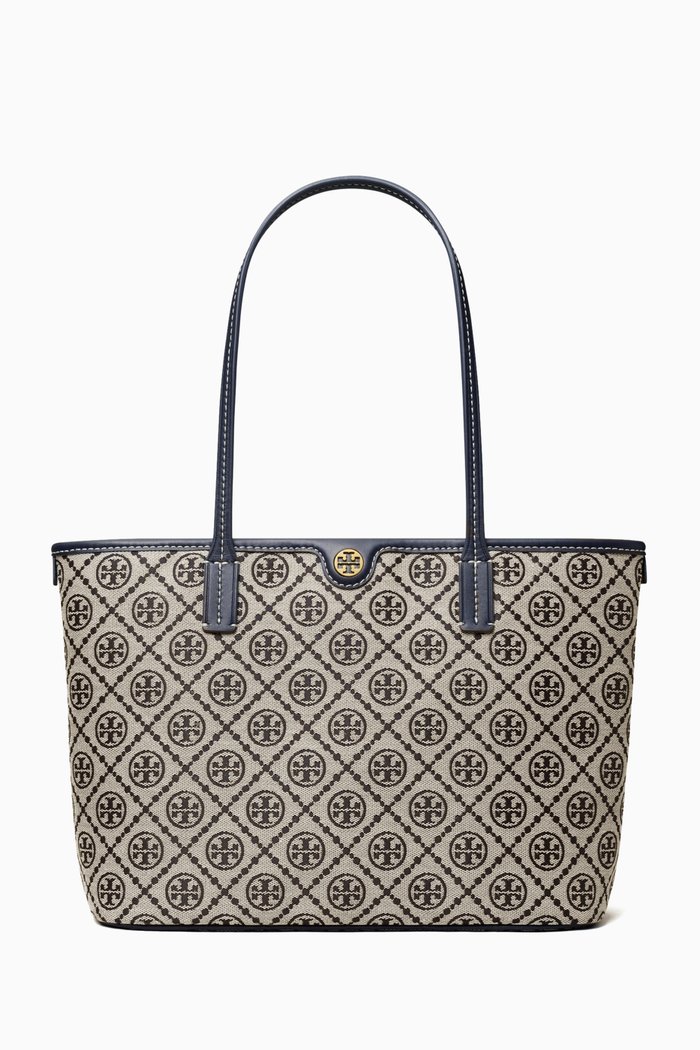 Small T Monogram Zip Tote Bag in Woven Jacquard, Blue