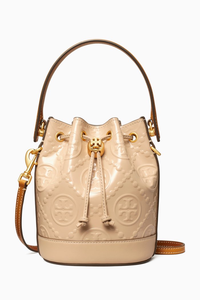 

Mini T Monogram Bucket Bag in Patent Leather, Neutral