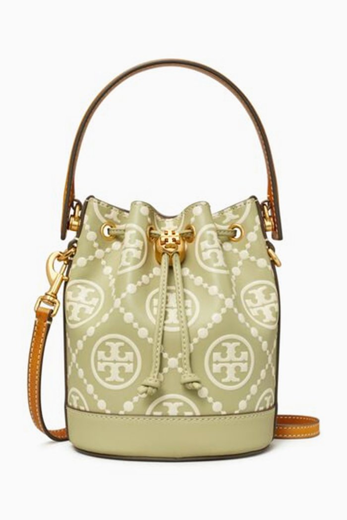 

Mini T Monogram Contrast Bucket Bag in Leather, Green