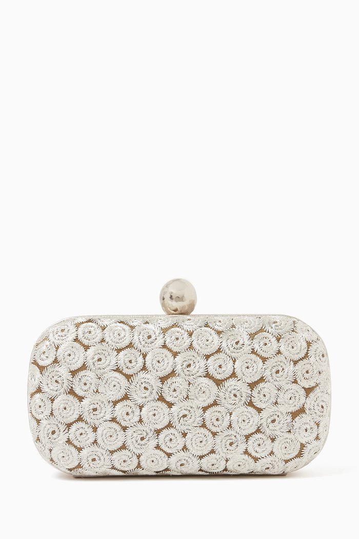 

Swirls Box Clutch in Embroidered Tweed, Silver