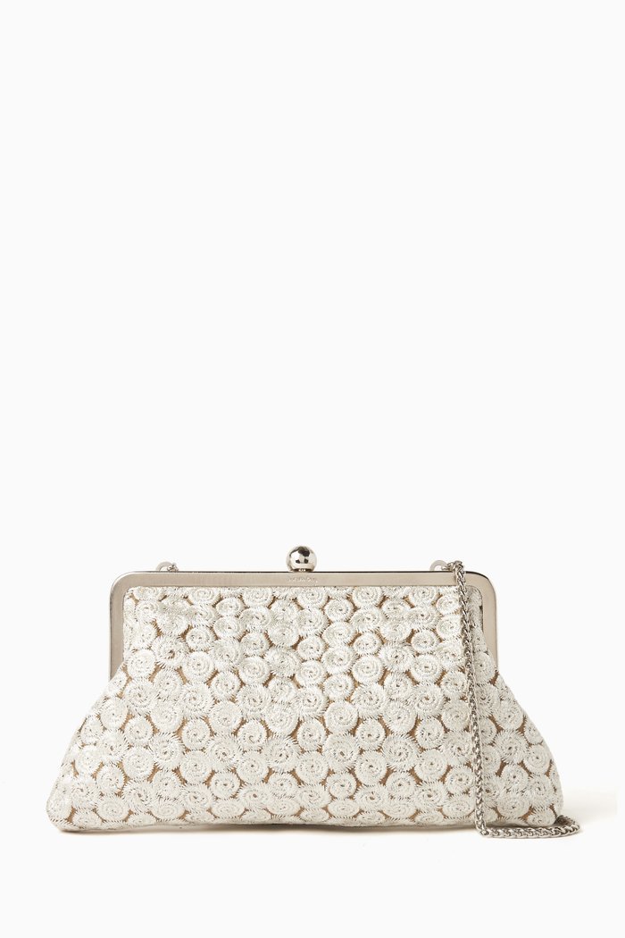 Swirls Classic Clutch in Embroidered Tweed, Silver
