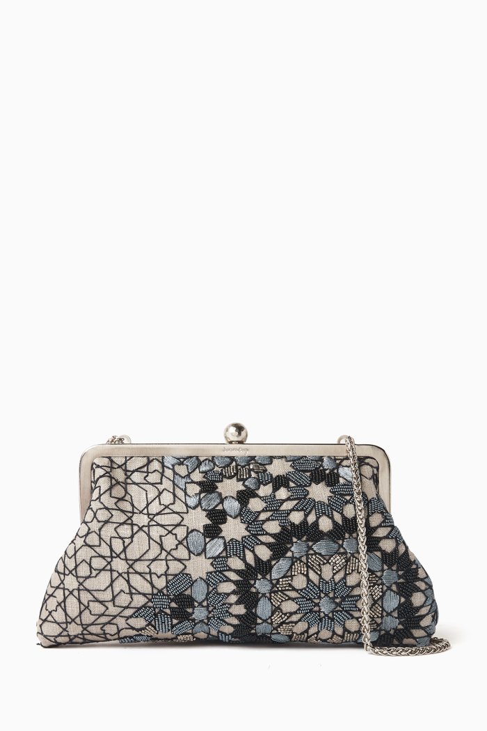 

Anthracite Arabesque Clutch in Beaded Tweed, Grey