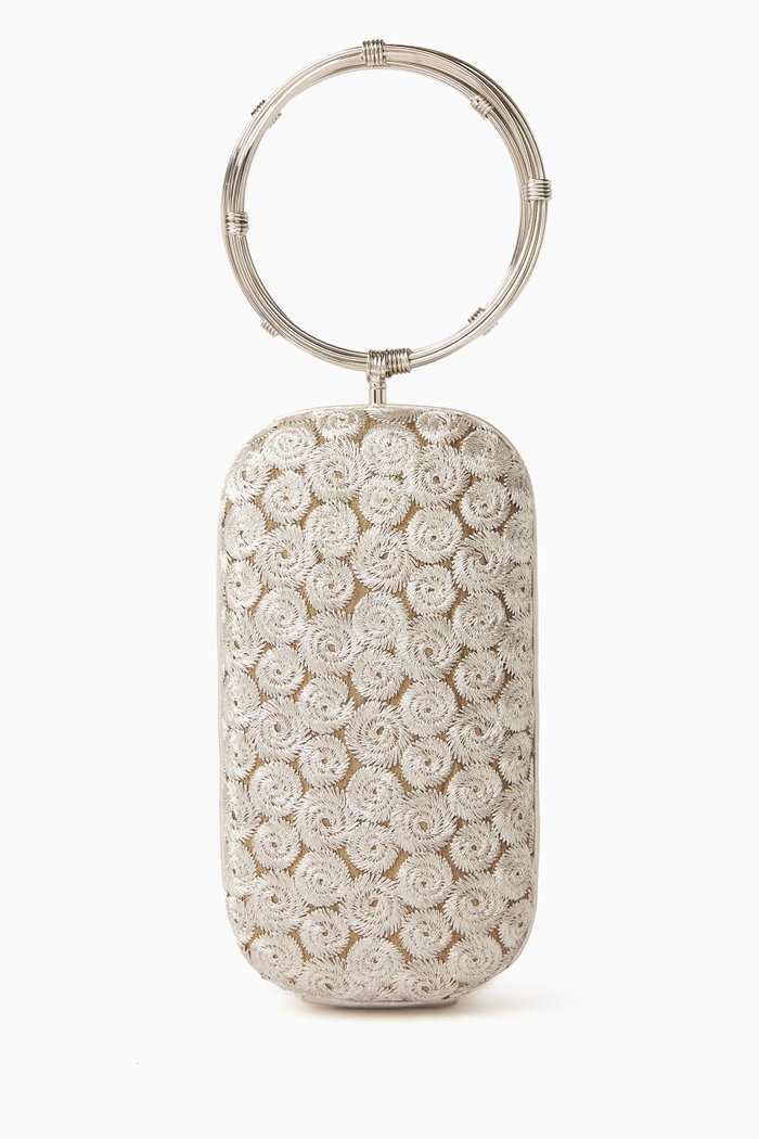 

Swirls Bracelet Handle Clutch in Embroidered Tweed, Silver