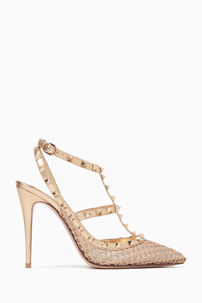 

Valentino Garavani Rockstud 100 Pumps in Mesh & Nappa Leather, Gold
