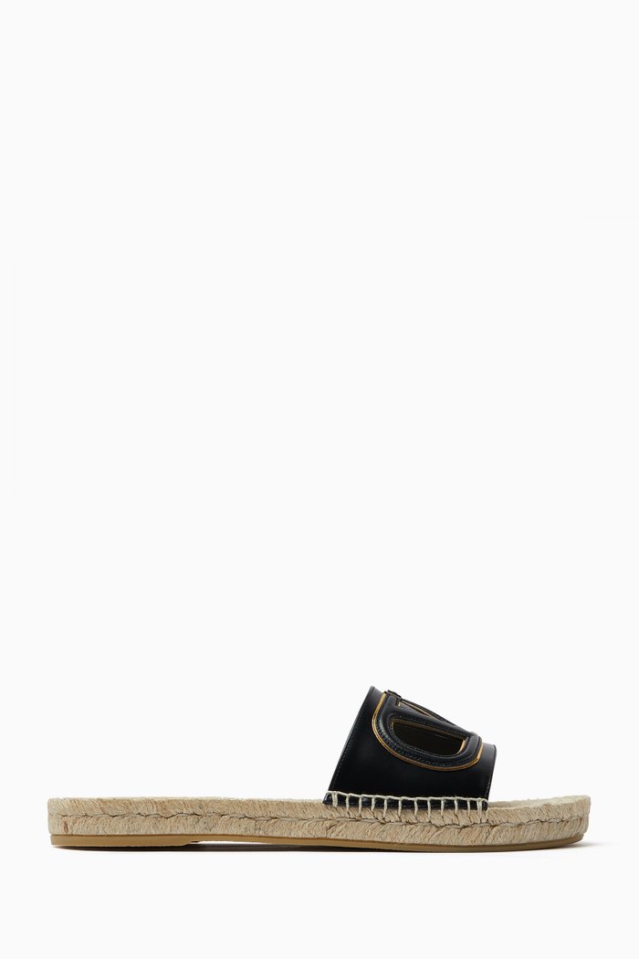Valentino Garavani VLOGO Espadrille Slides in Jute & Calfskin, Black