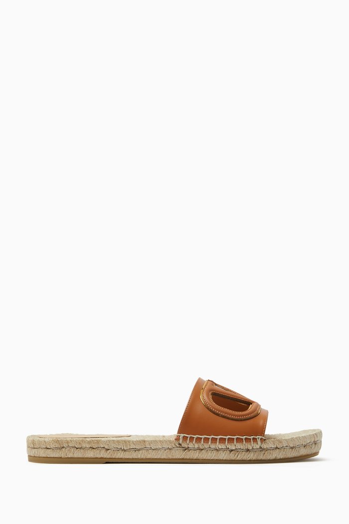 

Valentino Garavani VLOGO Espadrille Slides in Jute & Calfskin, Brown