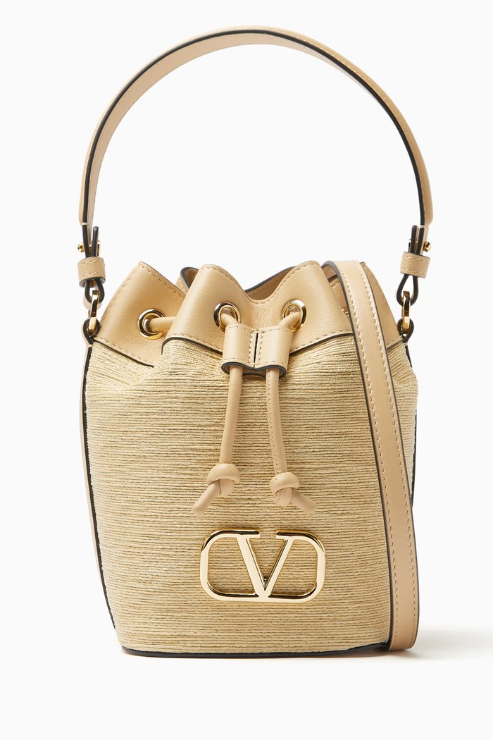 

Valentino Garavani Mini VLOGO Signature Bucket Bag in Raffia, Neutral
